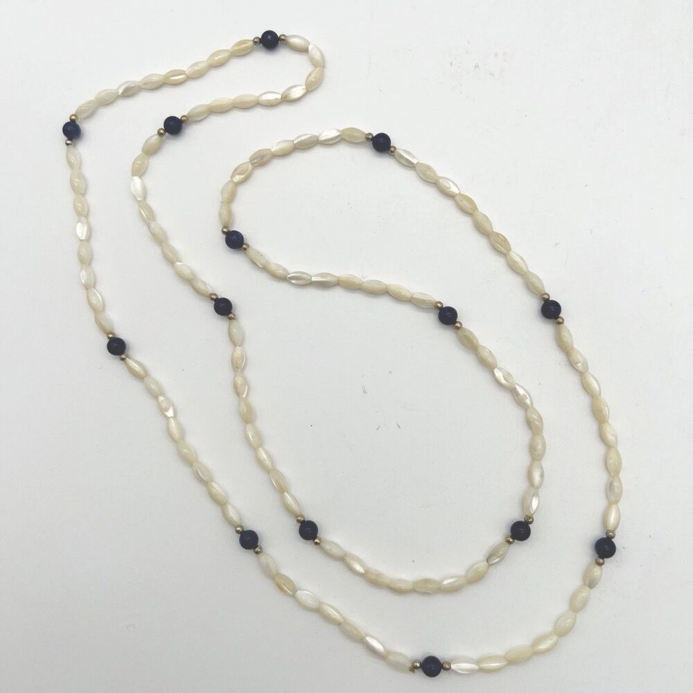 Vintage Natural Mother of Pearl MOP Rice Bead Round Blue Gold Dainty Necklace